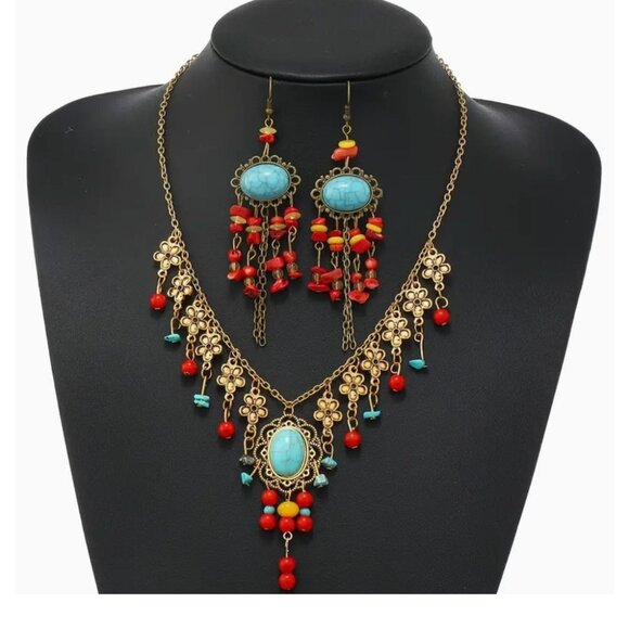 Bohemian Turquoise & Red Bead Floral Necklace & Earrings Set - Picture 1 of 2